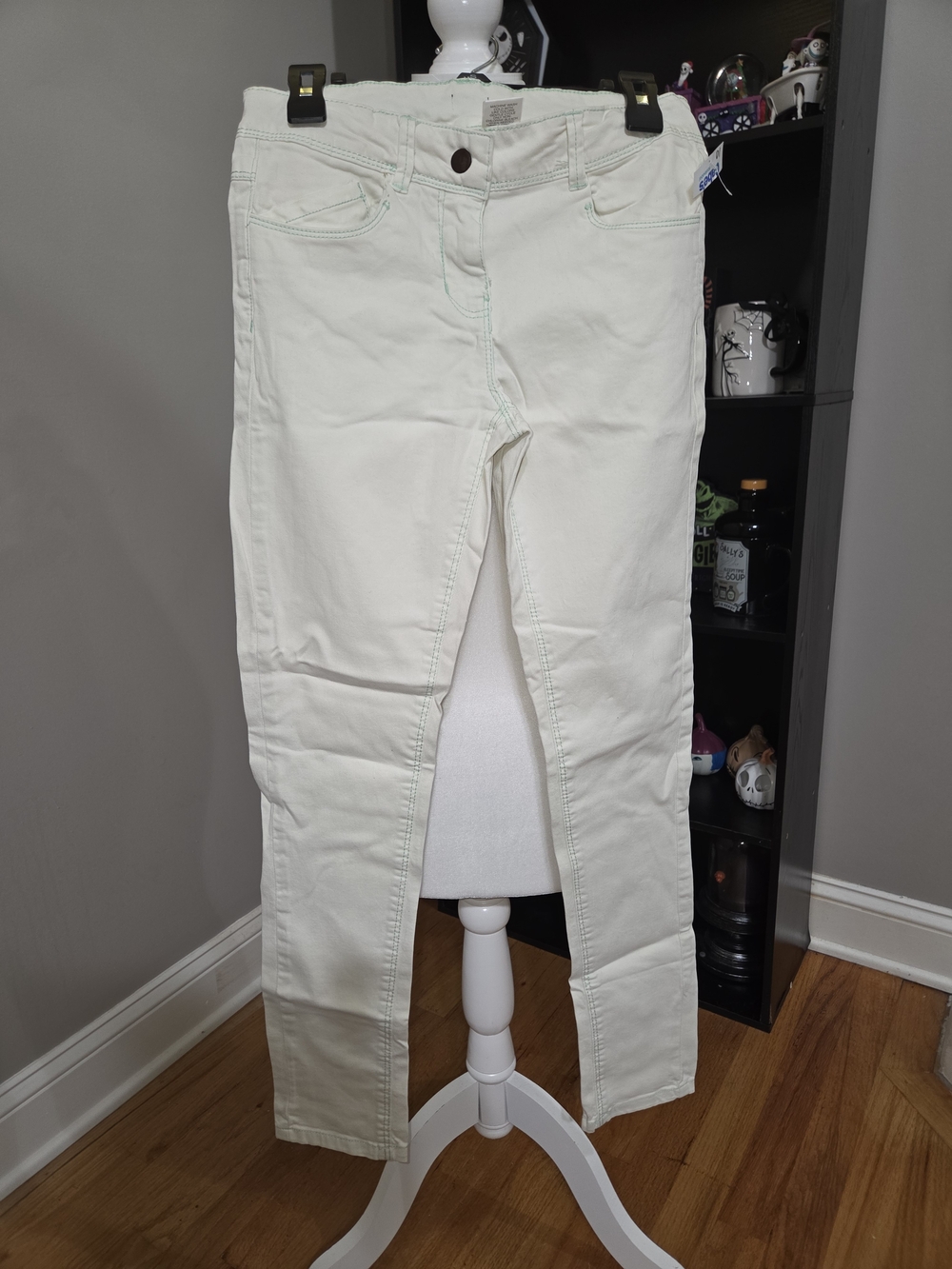 Kids Cream Stretch Skinny Jeans With Green Stitching